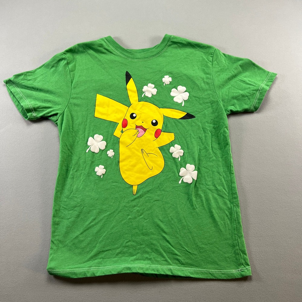 Pokemon T Shirt Unisex Kids Large Green Pikachu Graphic Print Cotton Crew Neck